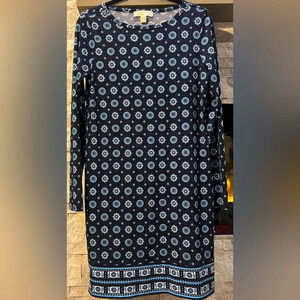 Michael Kors Lagenlook blue and white geometric print dress size Medium